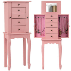 2 Colors Armoire Storage Standing Jewelry Cabinet with Mirror-Pink - Color: Pink
