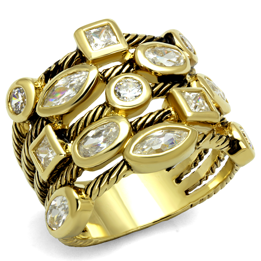Gold ring with diamonds on a white background
