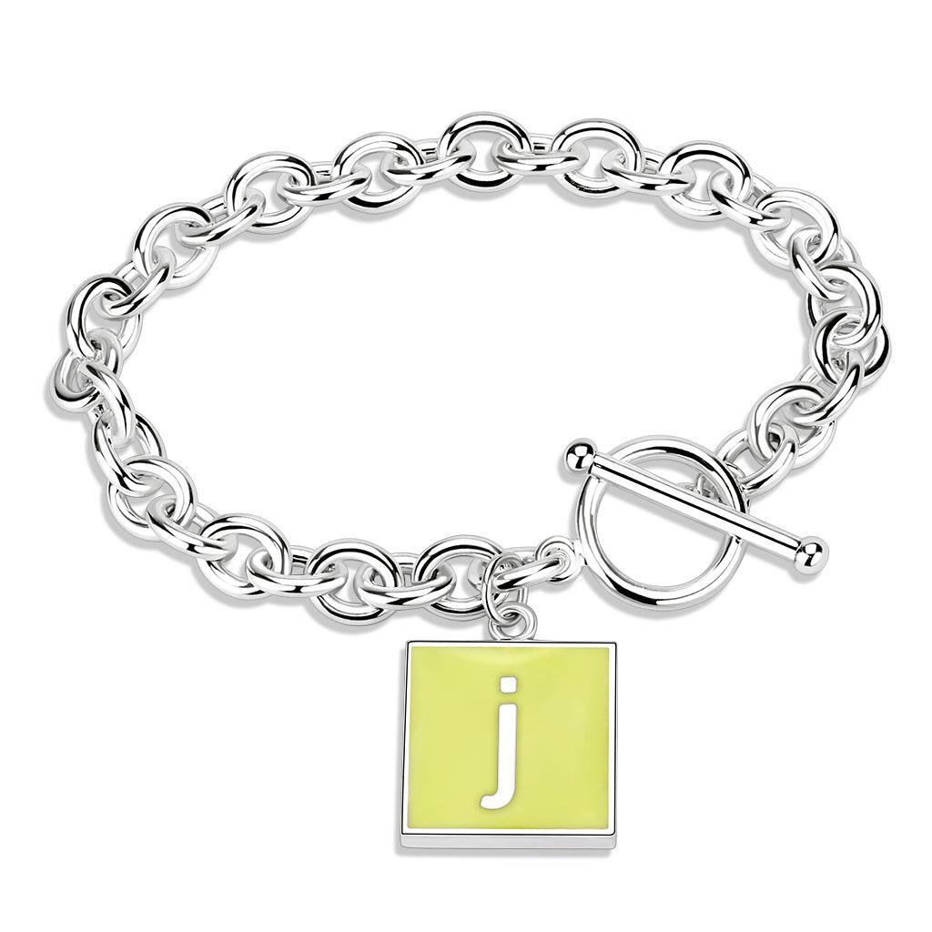 Silver chain bracelet with a square charm displaying the letter 'n' on a white background