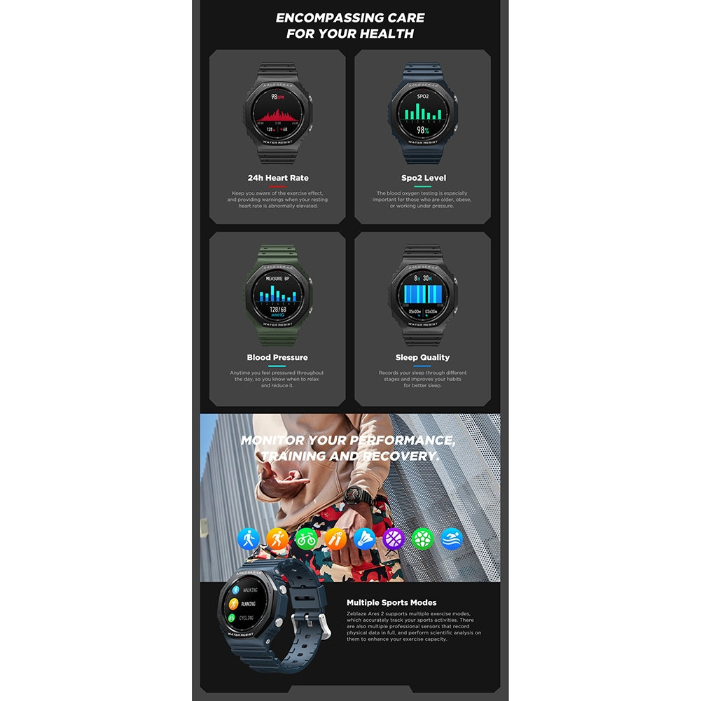 ZEBLAZE ARES 2 Rugged Smart Watch 1.09 Inch HD Screen Heart Rate Blood Oxygen Blood Pressure Monitoring Green