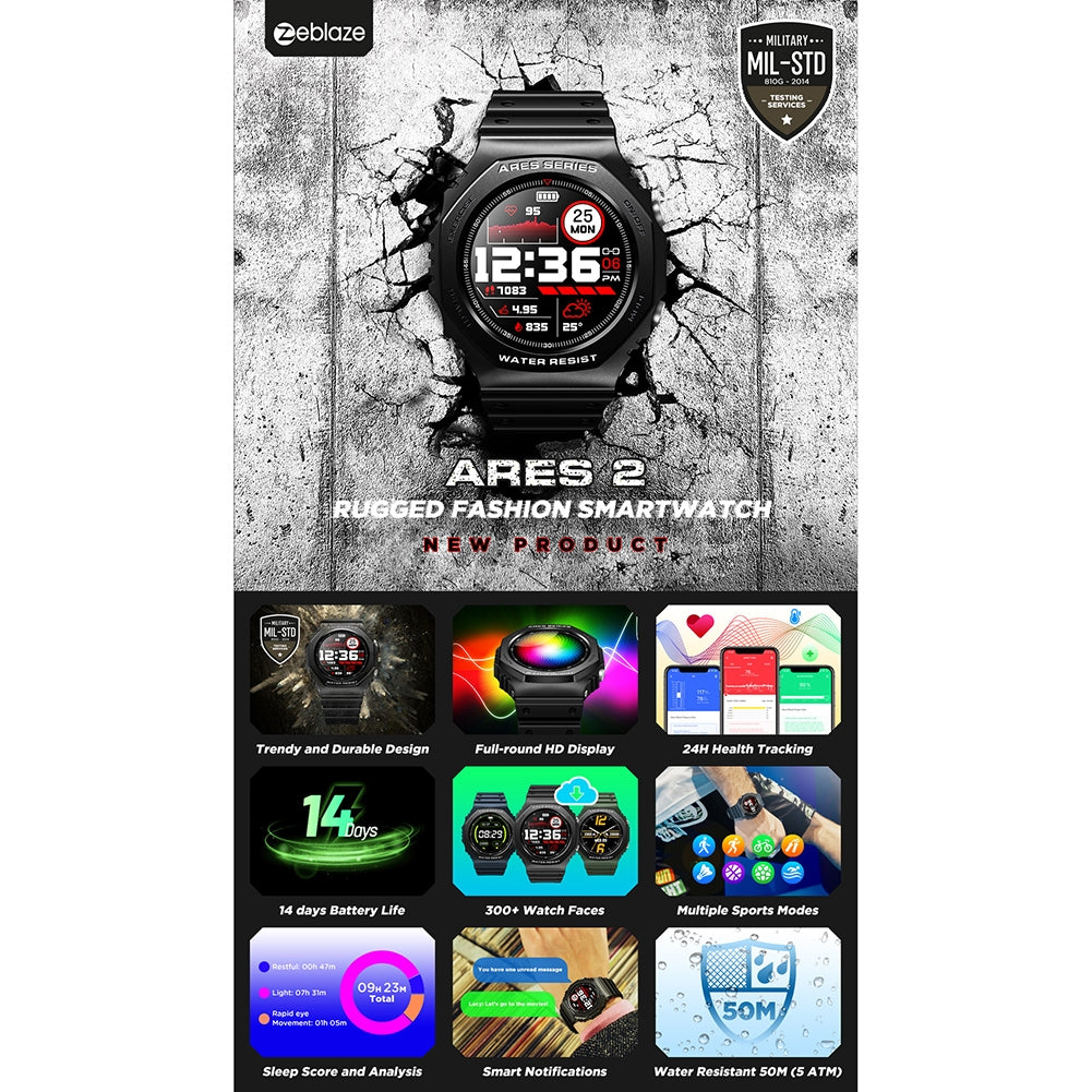 ZEBLAZE ARES 2 Rugged Smart Watch 1.09 Inch HD Screen Heart Rate Blood Oxygen Blood Pressure Monitoring Green