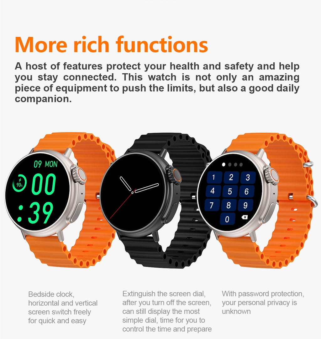 Three smartwatches with different colored bands on a white background, featuring text about their functions.