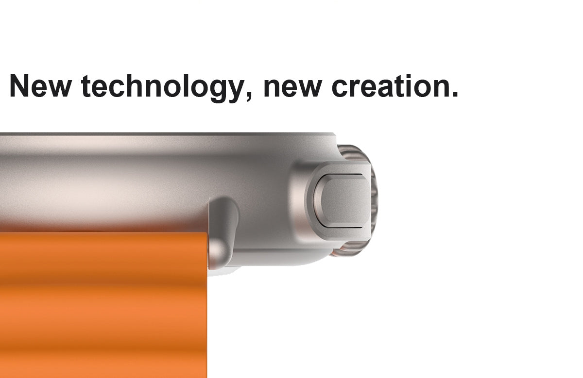 Close-up of a cylindrical object with an orange base and metallic top, accompanied by the text 'New technology, new creation.'.