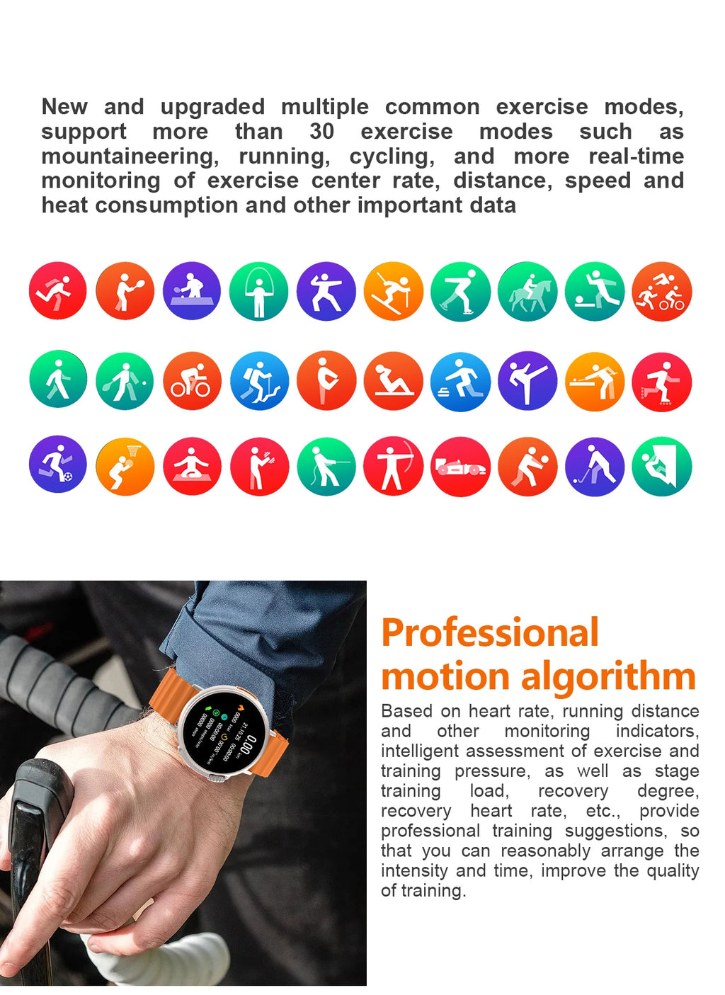 Smartwatch with colorful exercise mode icons and a person wearing it, highlighting fitness tracking features.