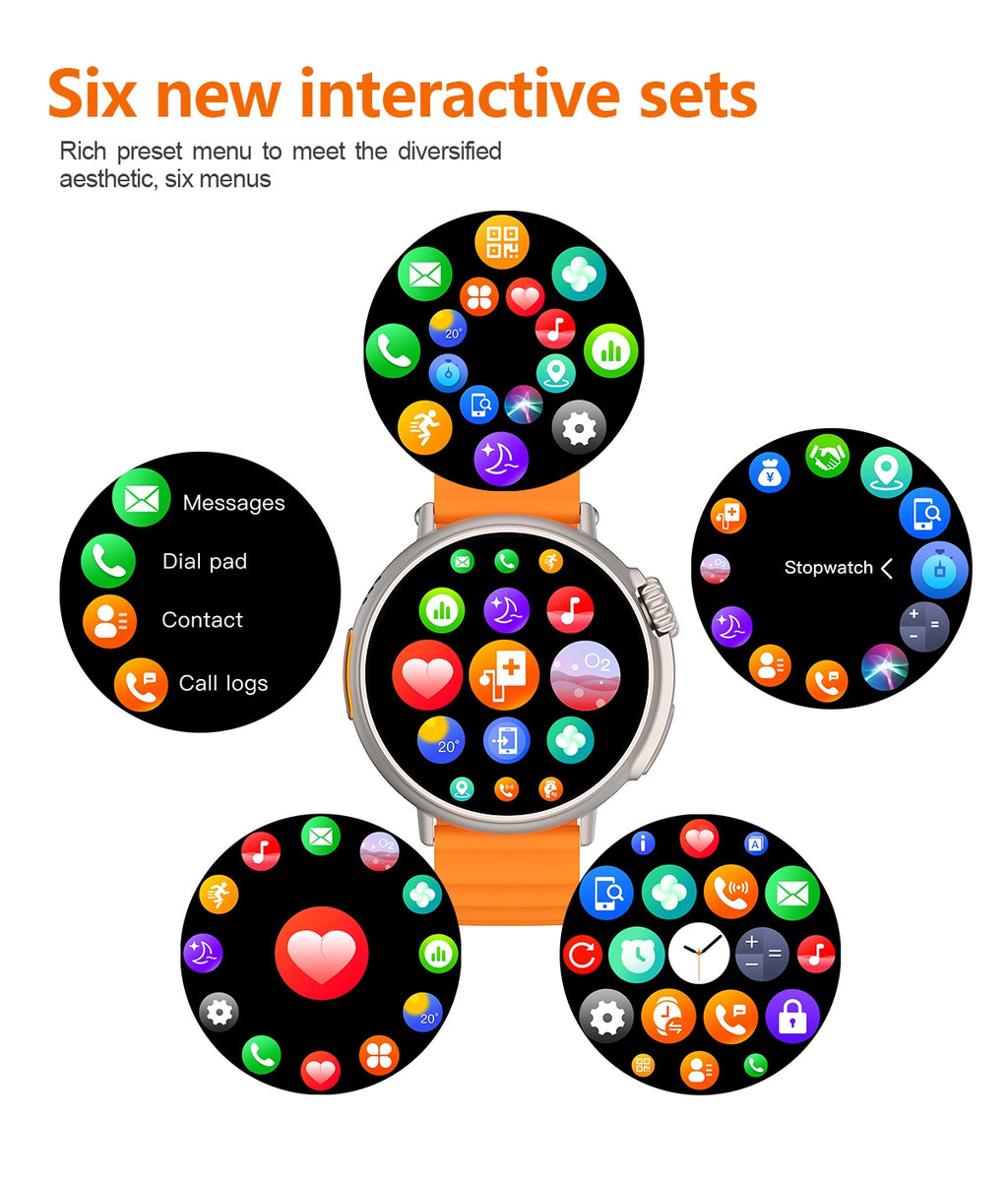 Smartwatch with colorful app icons on a white background