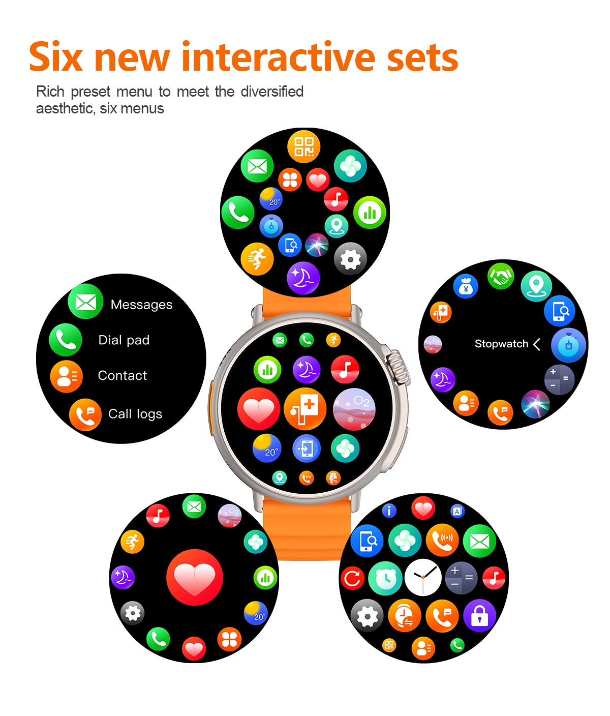 Smartwatch with colorful app icons on a white background