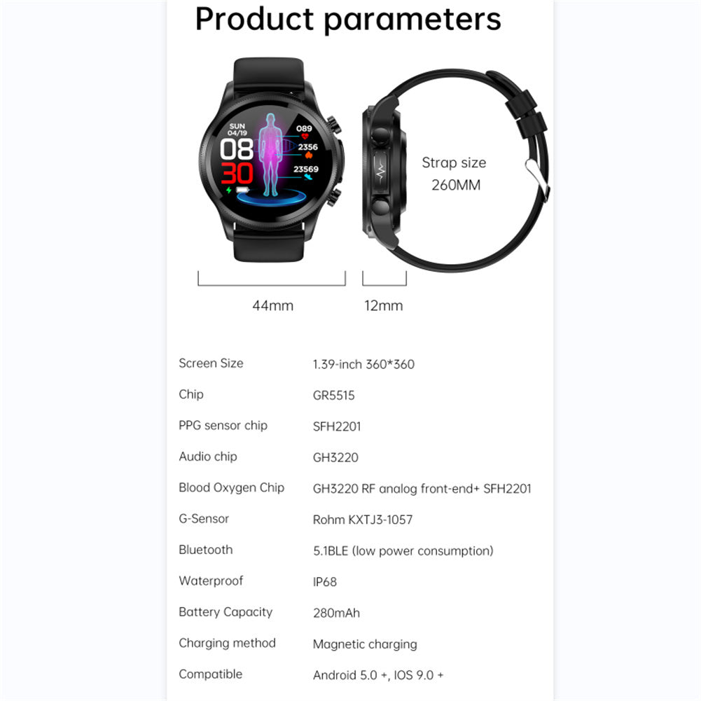 E400 Smart Watch Full Touch Screen Ecg Ppg Blood Oxygen Monitoring Ip68 Waterproof Smartwatch Black Belt w/ Bracket