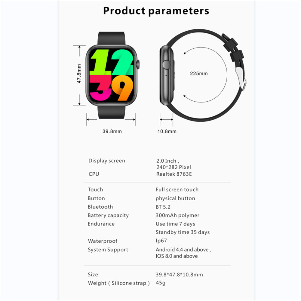 Smart Watch Monitoring Blood Pressure Body Temperature Heart Rate Health Detection Black