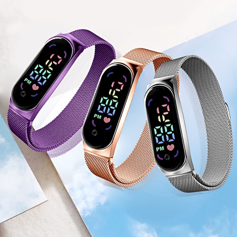LED Electronic Watch Fashion Touch Screen Waterproof Wristwatch With Magnetic Milanese Band For Men Women red
