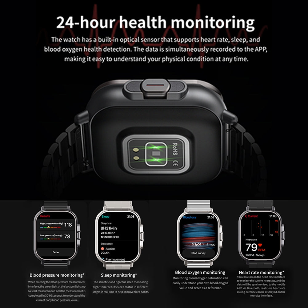 D8 Smart Watch with Earbuds Fitness Tracker Sports Recorder Heart Rate Blood Pressure Blood Oxygen Monitor Black Tape