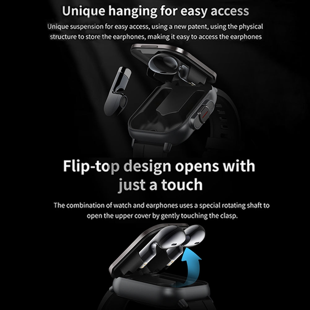 D8 Smart Watch with Earbuds Fitness Tracker Sports Recorder Heart Rate Blood Pressure Blood Oxygen Monitor Black Tape
