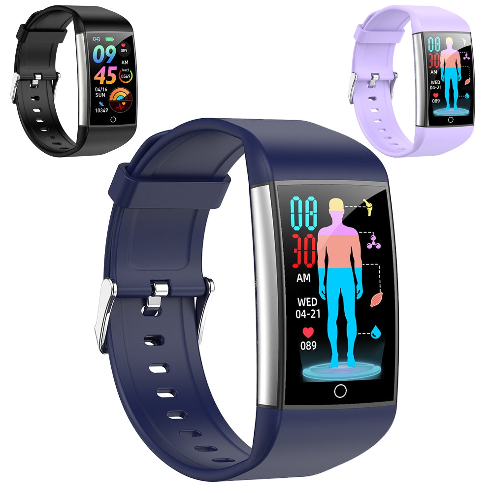 Three smartwatches with different designs and display features on a white background.