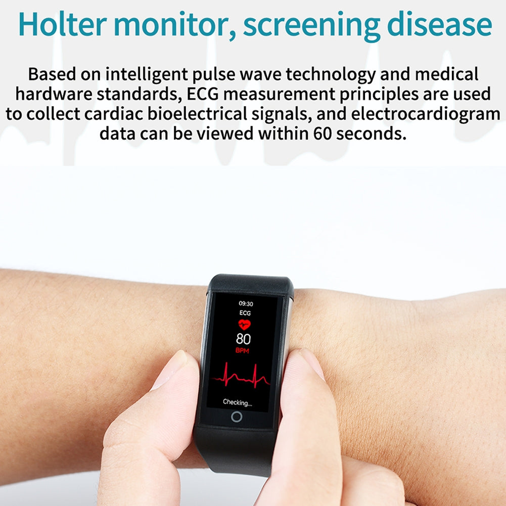 Smartwatch on a wrist with ECG display, text about Holter monitor and disease screening.