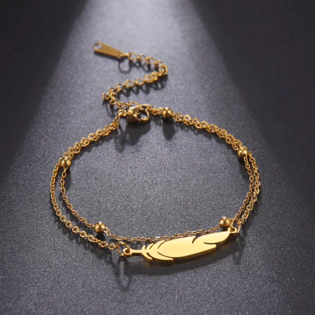 Metal Color: Titanium Plated - Kkjoy Ankles of Women Men Silver Color Feather Stainless Steel Double Foot Chain Beach Style Trendy Female Jewelry Accessories