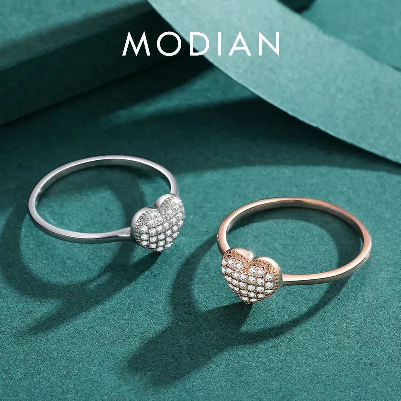 Gem Color: silver, Ring Size: 5 - MODIAN 925 Sterling Silver Delicate Romantic Love Heart Finger Ring Zirconia For Women Fine Jewelry Valentine Day Gift