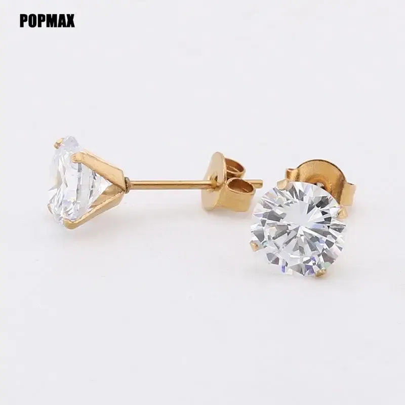 Metal Color: Gold-color, Main Stone Color: Blue - POPMAX 1Pairs/2Pcs Stainless Steel Crystal Studs Earrings For Women Men 4 Prong Tragus Round Clear Cubic Zirconia Ear Jewelry