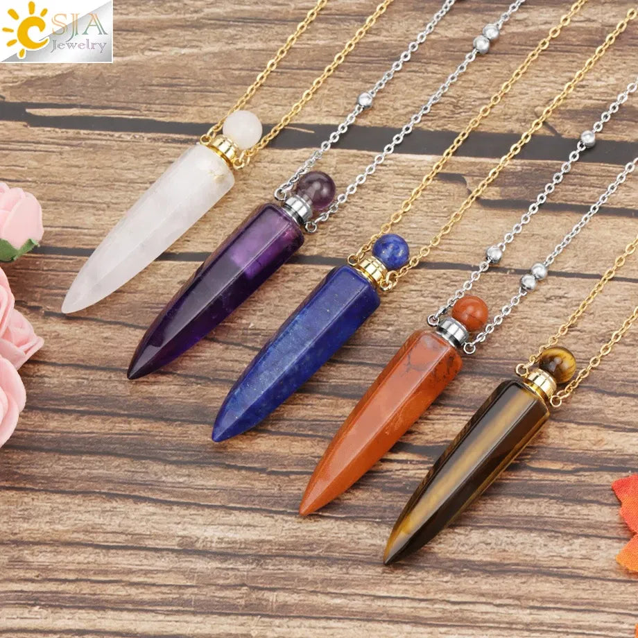 Metal color: Pure Gold Color - CSJA Crystal Perfume Bottle Women Necklace Natural Stone Hexagonal Cone Pendant Reiki Oil Diffuser Necklaces Christmas Gift H358