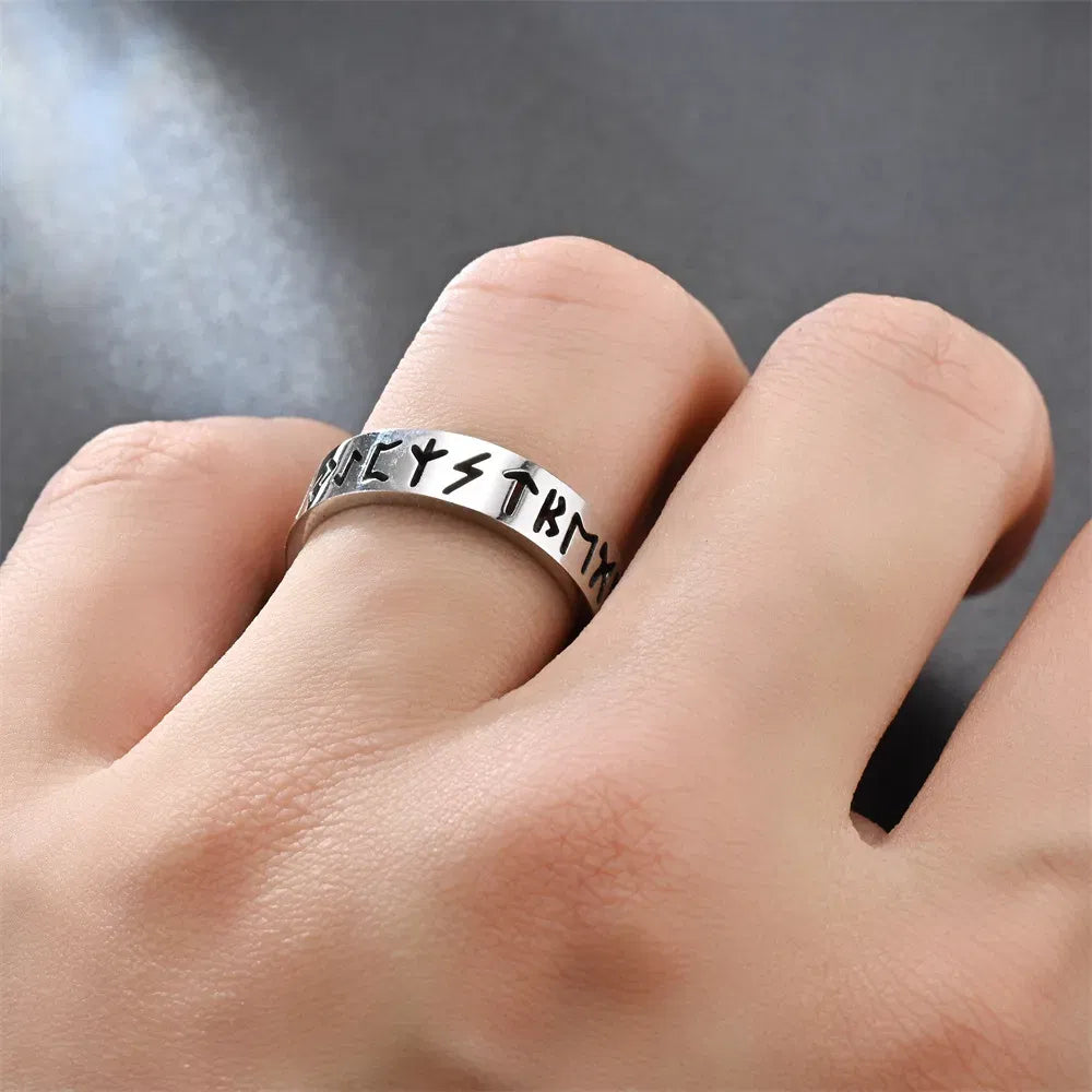 Main Stone Color: silver, Ring Size: 4 - 2023 New Stainless Steel Hollow Out Ring for Men Women Fashion Hollow Rune Design Finger Anillo Antiestres Anxiety Rings
