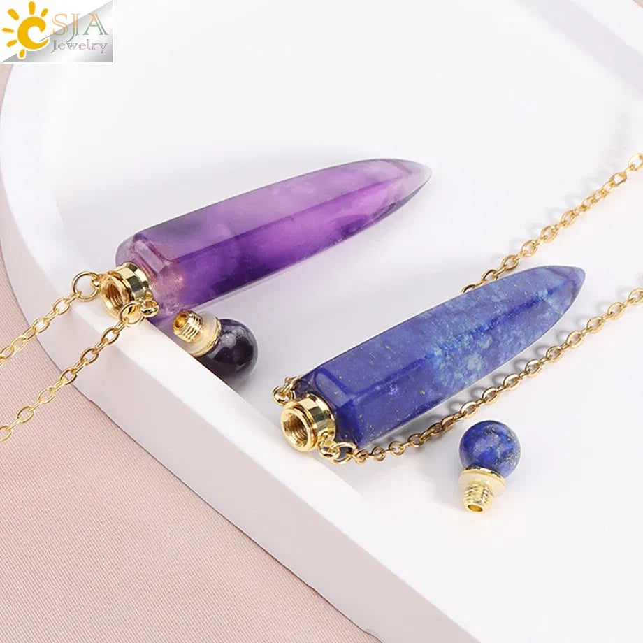 Metal color: Pure Gold Color - CSJA Crystal Perfume Bottle Women Necklace Natural Stone Hexagonal Cone Pendant Reiki Oil Diffuser Necklaces Christmas Gift H358