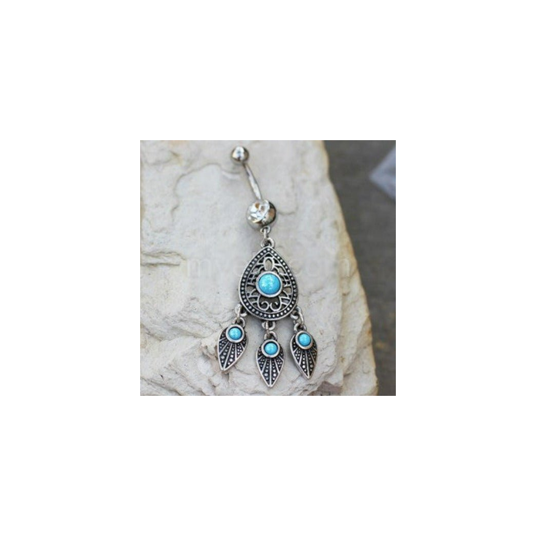 حلقة سرة متدلية على شكل دمعة وفيروز وريشة من الفولاذ المقاوم للصدأ 316L