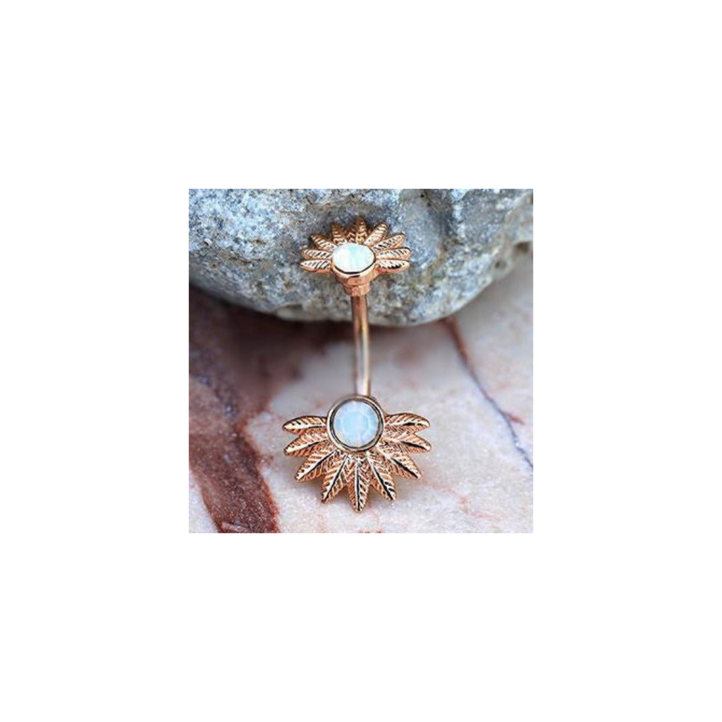 Rose Gold Plated White Synthetic Opal Palm Leaves Navel Rings