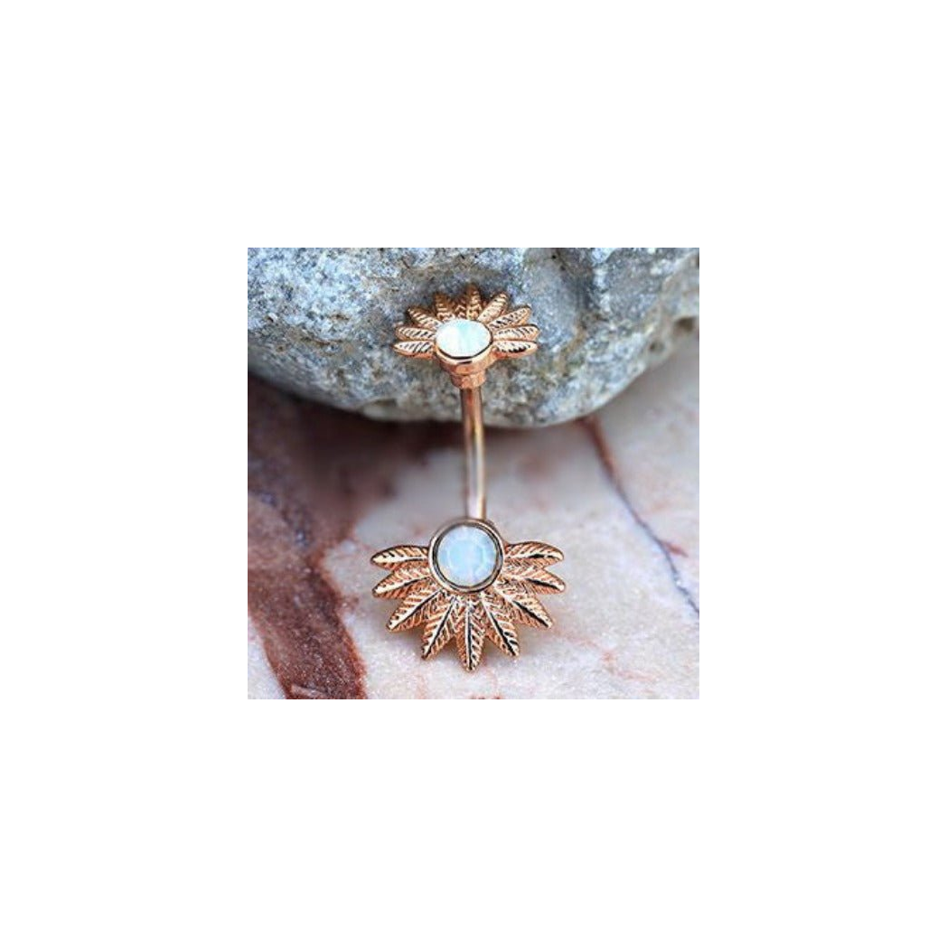 Rose Gold Plated White Synthetic Opal Palm Leaves Navel Rings