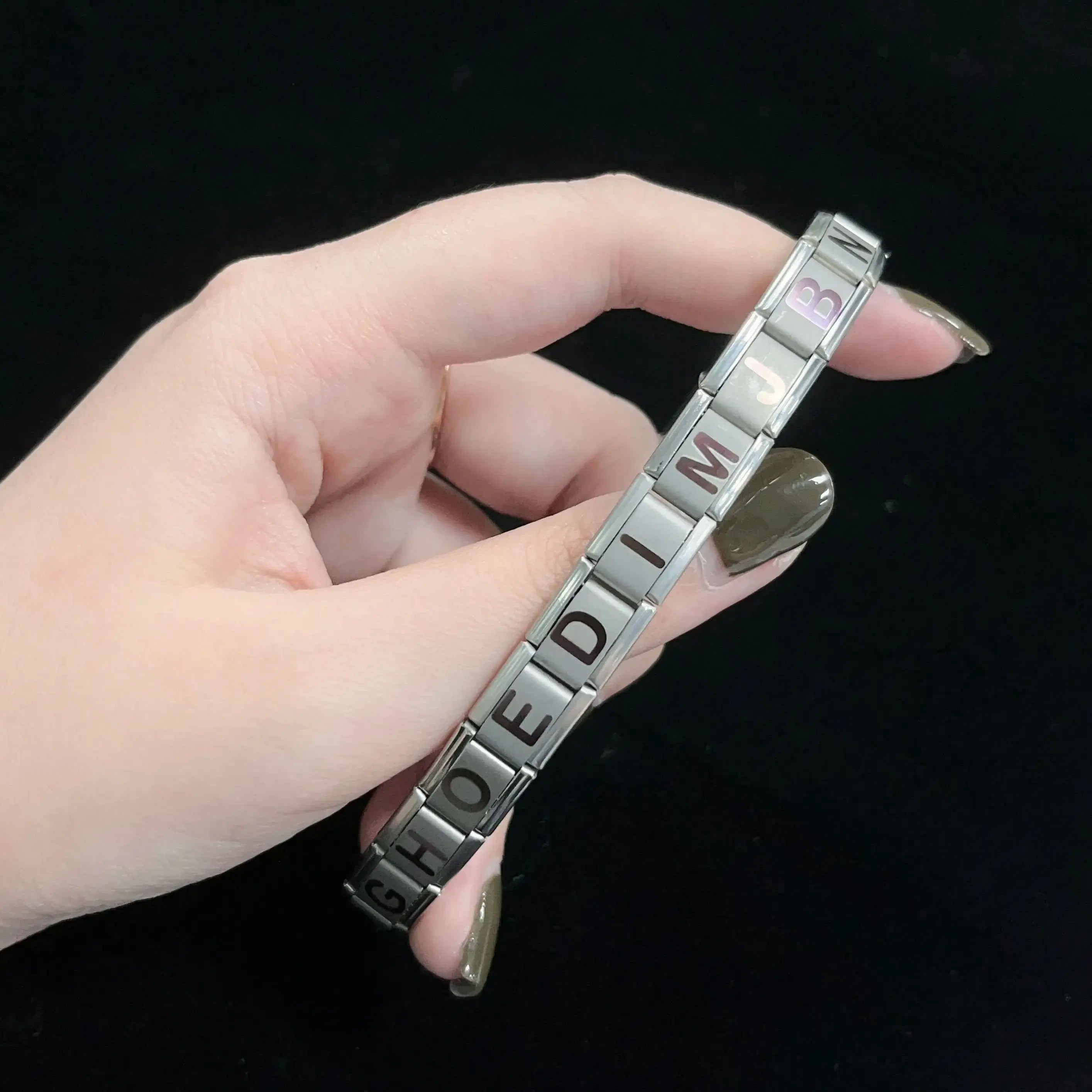 Metal Color: Black Zinc Plated, Main Stone Color: WHITE - New DIY Italian Charm 9mm Module Bracelet 26 English letter Stainless Steel Elastic Bracelets for Men and Women Gift