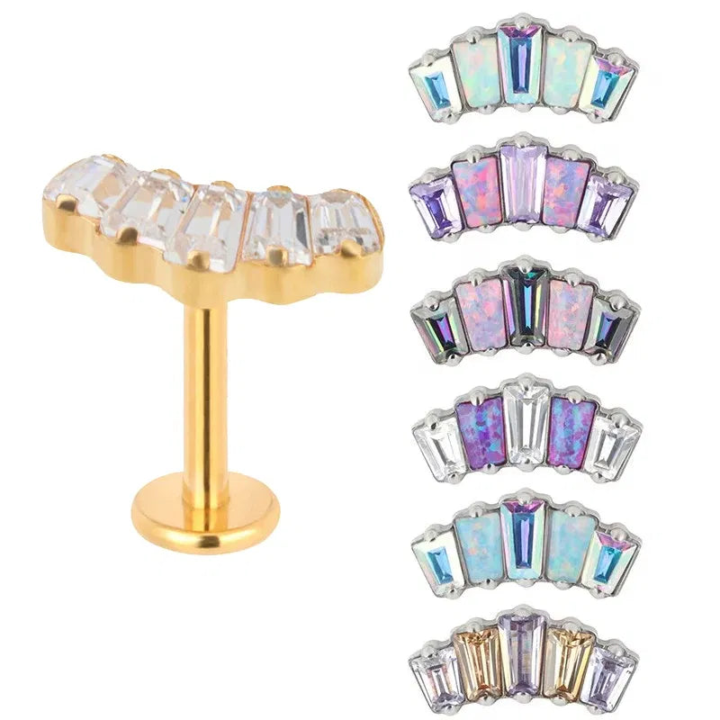 Metal color: Light Yellow Gold Color, Main Stone Color: WHITE, Ships From: CHINA - G23 Titanium Ear Studs 5 Oblong CZ Blaze Curve Top Threaded Labret PIERC Lip Stud Ear Cartilage Tragus Helix Piercing Jewelry