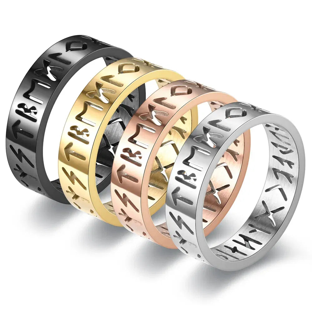 Main Stone Color: Black, Ring Size: 3 - 2023 New Stainless Steel Hollow Out Ring for Men Women Fashion Hollow Rune Design Finger Anillo Antiestres Anxiety Rings