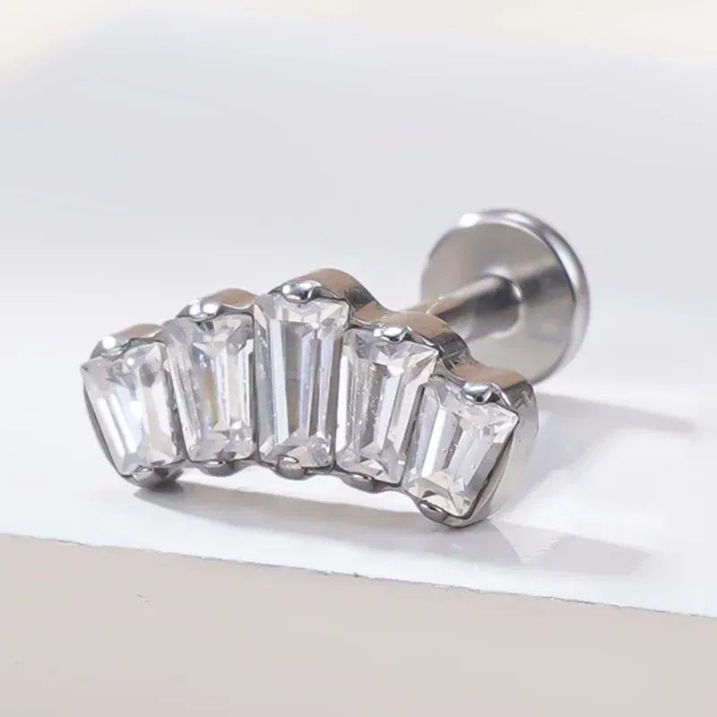 Metal color: Light Yellow Gold Color, Main Stone Color: WHITE, Ships From: CHINA - G23 Titanium Ear Studs 5 Oblong CZ Blaze Curve Top Threaded Labret PIERC Lip Stud Ear Cartilage Tragus Helix Piercing Jewelry