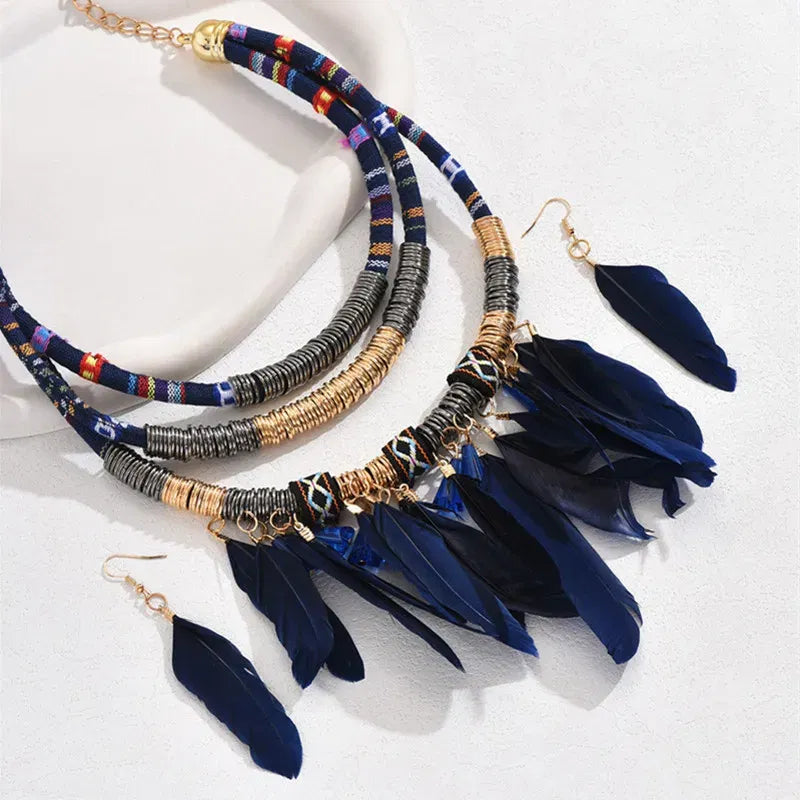 Metal color: Rhodium Plated - Fashion Vintage Ethnic Feather Choker Necklace Earrings Set For Women Multilayer Nekclace Earrings Jewelry Sets