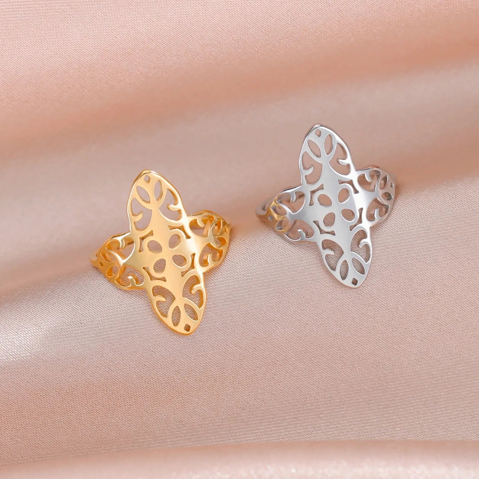Main Stone Color: WHITE, Ring Size: 10 - Skyrim Filigree Ring Stainless Steel Gold Color Elegant Finger Rings Women Bohemian Jewelry Wedding Band Gift Wholesale