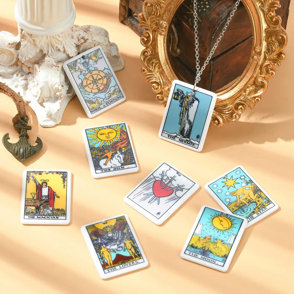 16Pcs 8 Styles Acrylic Tarot Card Charms Sun Moon Star Tarot Charms Divination Rectangle Tarot Pattern Charms for Jewelry Making