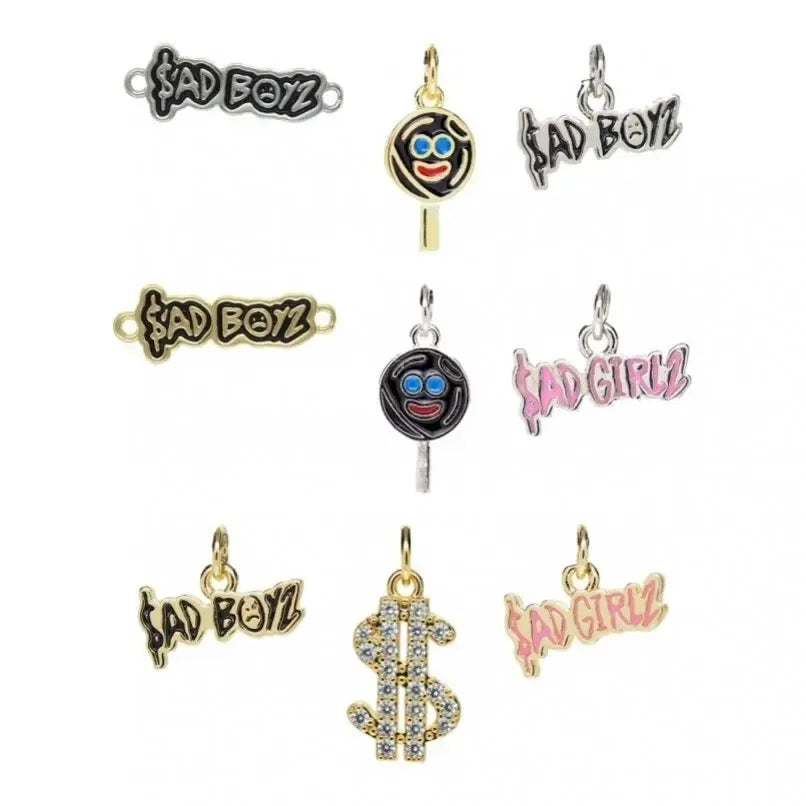 Metal color: Antique Bronze Plated - 10Pcs Letter Sadboyz or Sadgirls Black Enamel  Copper Gold Color Pendant Charms for Jewelry Making