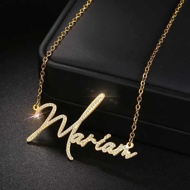 Metal Color: Rhodium Plated, Length: 45cm - Auxauxme Custom Crystal Zircon Name Necklace for Women Stainless Steel Personalized Nameplate Golden Pendant Choker Jewelry Gift