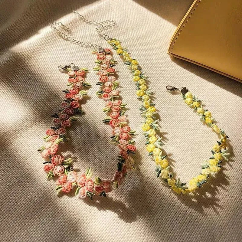 Metal Color: RED-BROWN - New Sweet Flowers Lace Necklace Choker for Women Girls Good Quality Embroidery Fashion Romantic Design Accessory Jewelry