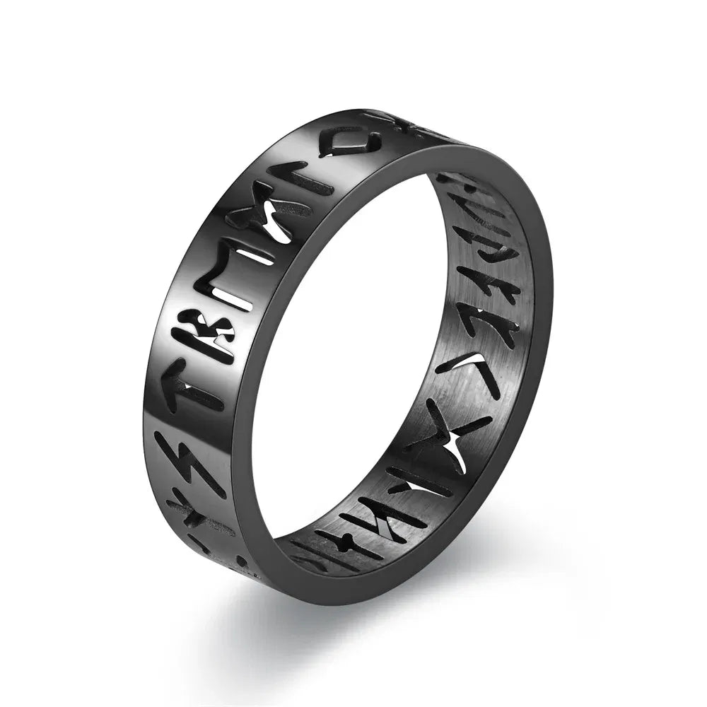 Main Stone Color: Black, Ring Size: 3 - 2023 New Stainless Steel Hollow Out Ring for Men Women Fashion Hollow Rune Design Finger Anillo Antiestres Anxiety Rings