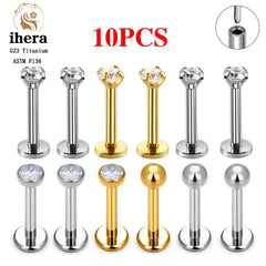 Set of 10 gold and silver lip piercings with clear gemstones, brand 'ihera' displayed.