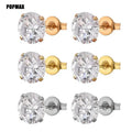 Metal Color: Gold-color, Main Stone Color: Blue - POPMAX 1Pairs/2Pcs Stainless Steel Crystal Studs Earrings For Women Men 4 Prong Tragus Round Clear Cubic Zirconia Ear Jewelry