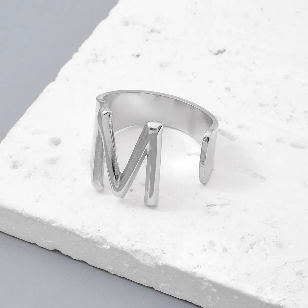 Metal Color: pink, Ring Size: resizable - LAViXMIA Alphabet A-Z Letter Never Fade Stainless Steel Rings Women Jewelry Fashion Initial Ring Adjustable Size Birthday Gifts