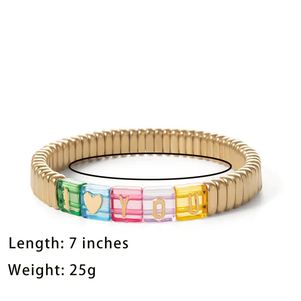 Metal Color: Hot Stamping, Ships From: CHINA - Wholesale Gold Silver Color Elastic Bracelets Handmade Letter Charms Bracelets For Women 2X8MM Beads Bracelets Bohemain Jewelry