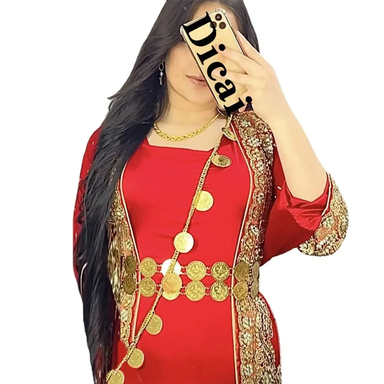 Woman wearing a red outfit with gold accents, holding a phone with 'Dica' branding.