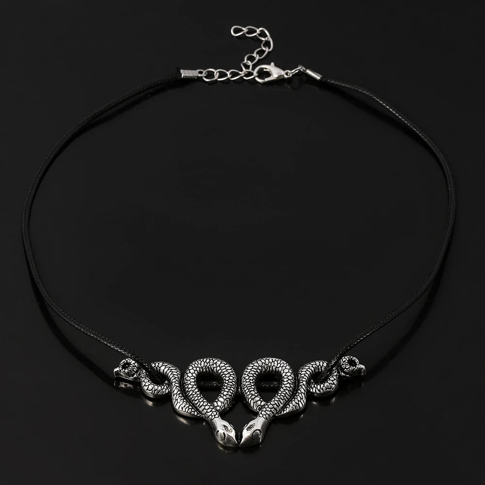 Gothic Vintage Trendy Witch Snake Choker Double Snake Pendent Necklace Fashion Jewelry Accessories Party Gift for Women Men