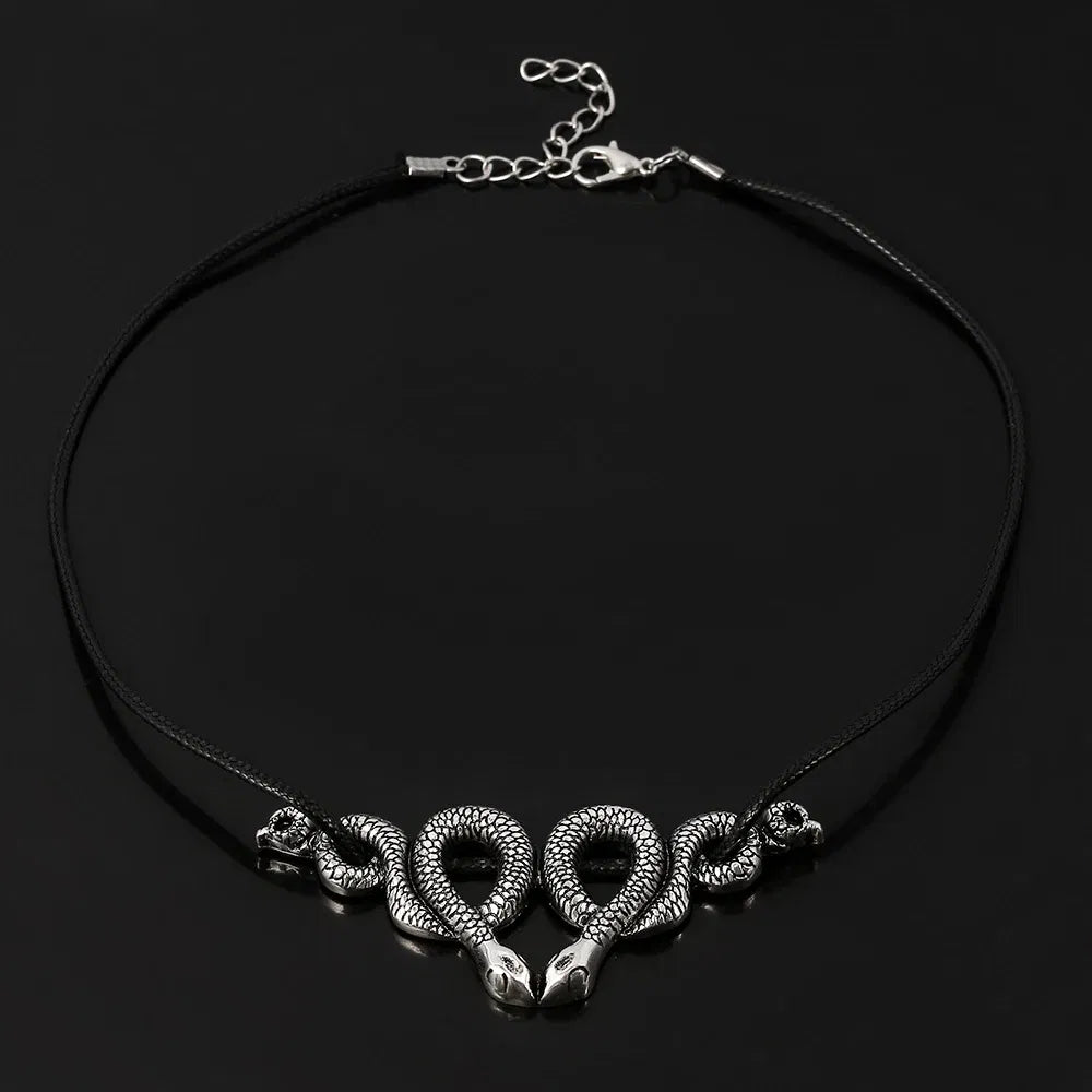Gothic Vintage Trendy Witch Snake Choker Double Snake Pendent Necklace Fashion Jewelry Accessories Party Gift for Women Men