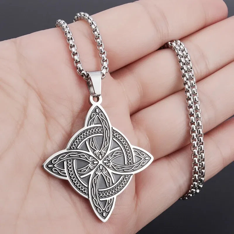 Metal Color: PURPLE - Stainless Steel Silver Color Pattern Witch Knot Pendant Necklace Celtic Knot Lucky Jewelry Gift for Friends Family