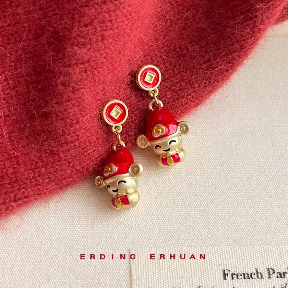Metal Color: dark green - Chinese Style New Year Earrings Heart God of Wealth Snake Year Drop Earring Tassels Ear Decor 2025 Women Earrings Women