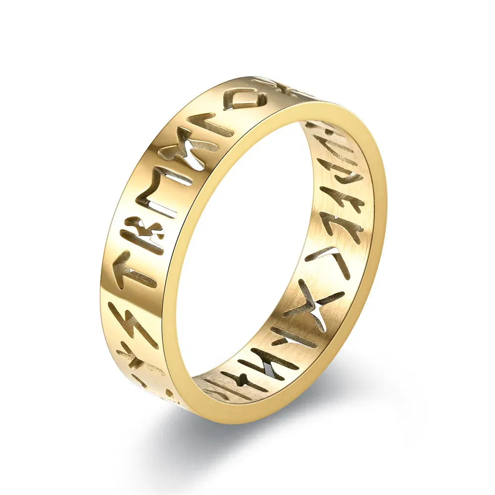 Main Stone Color: silver, Ring Size: 4 - 2023 New Stainless Steel Hollow Out Ring for Men Women Fashion Hollow Rune Design Finger Anillo Antiestres Anxiety Rings