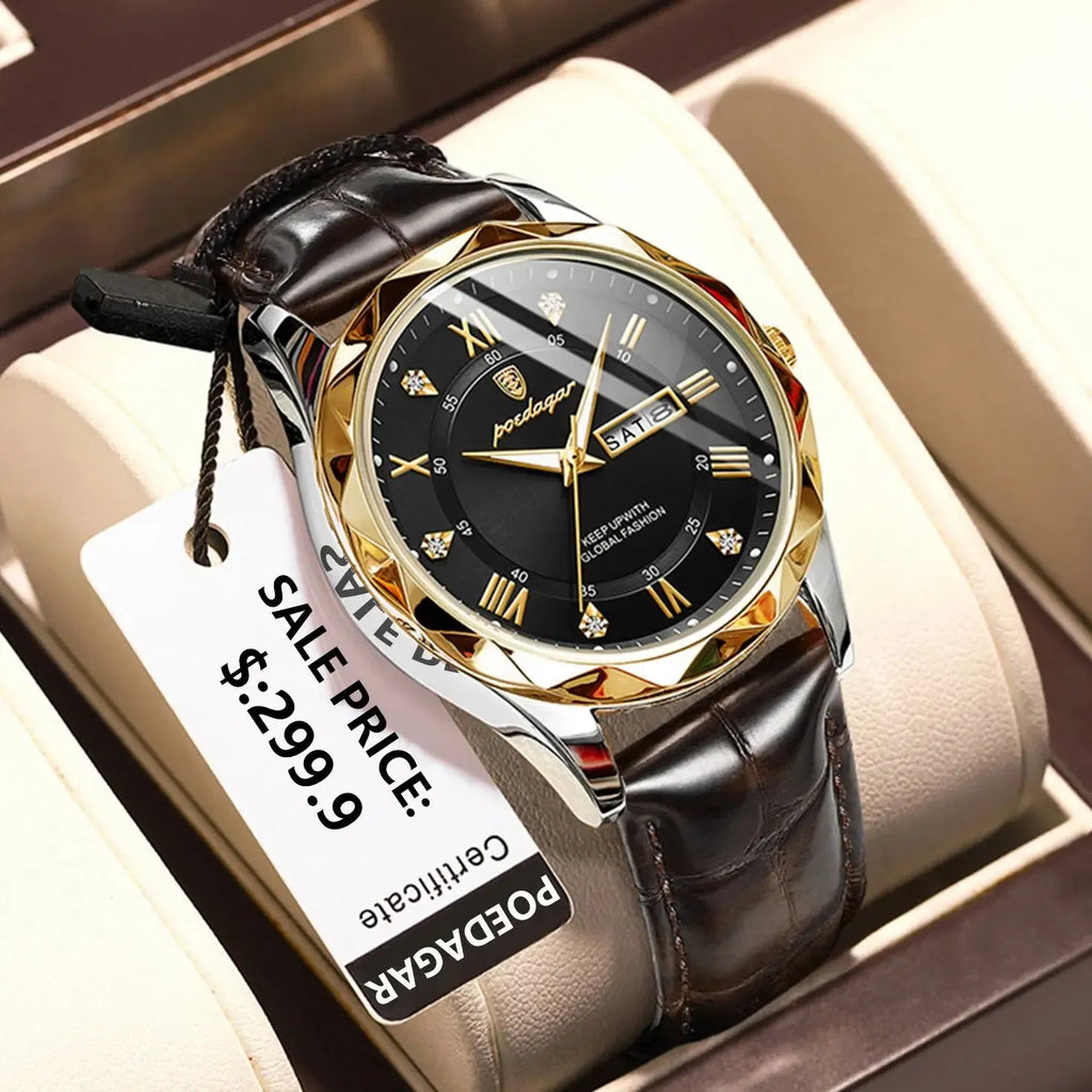 Color: Pink - POEDAGAR Luxury Business Man Wristwatch Waterproof Luminous Date Week Men Watch For Men Quartz Clock Leather Men's Watches reloj