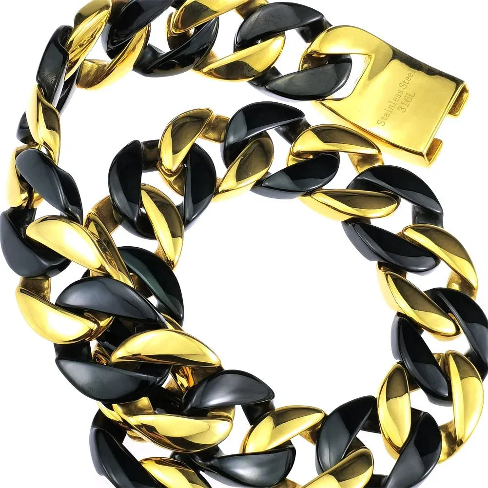 Length: 50cm, Main Stone Color: Black - 316L Stainless Steel  and Black Tone Curb 24mm Solid Heavy Long Necklace + Bracelet Jewelry