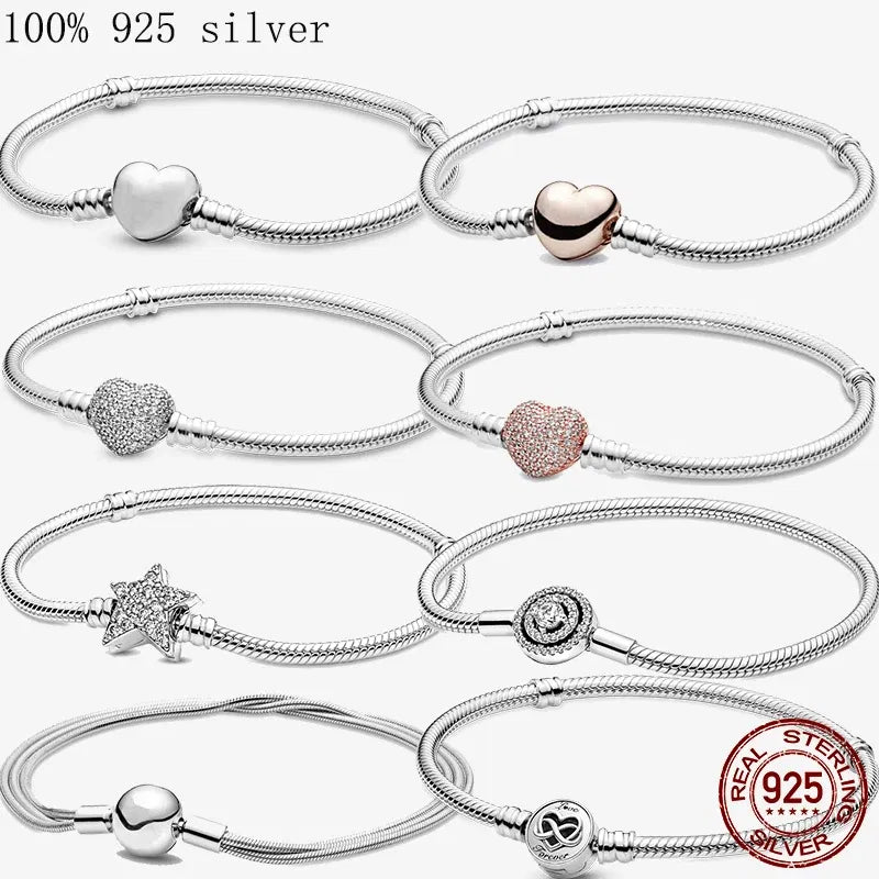 Gem Color: Apricot, Length: 20cm - Original 925 Sterling Silver Bracelet Star Heart Clasp Snake Chain Rose Gold DIY Beads Charms Bracelets For Women Luxury Jewelry